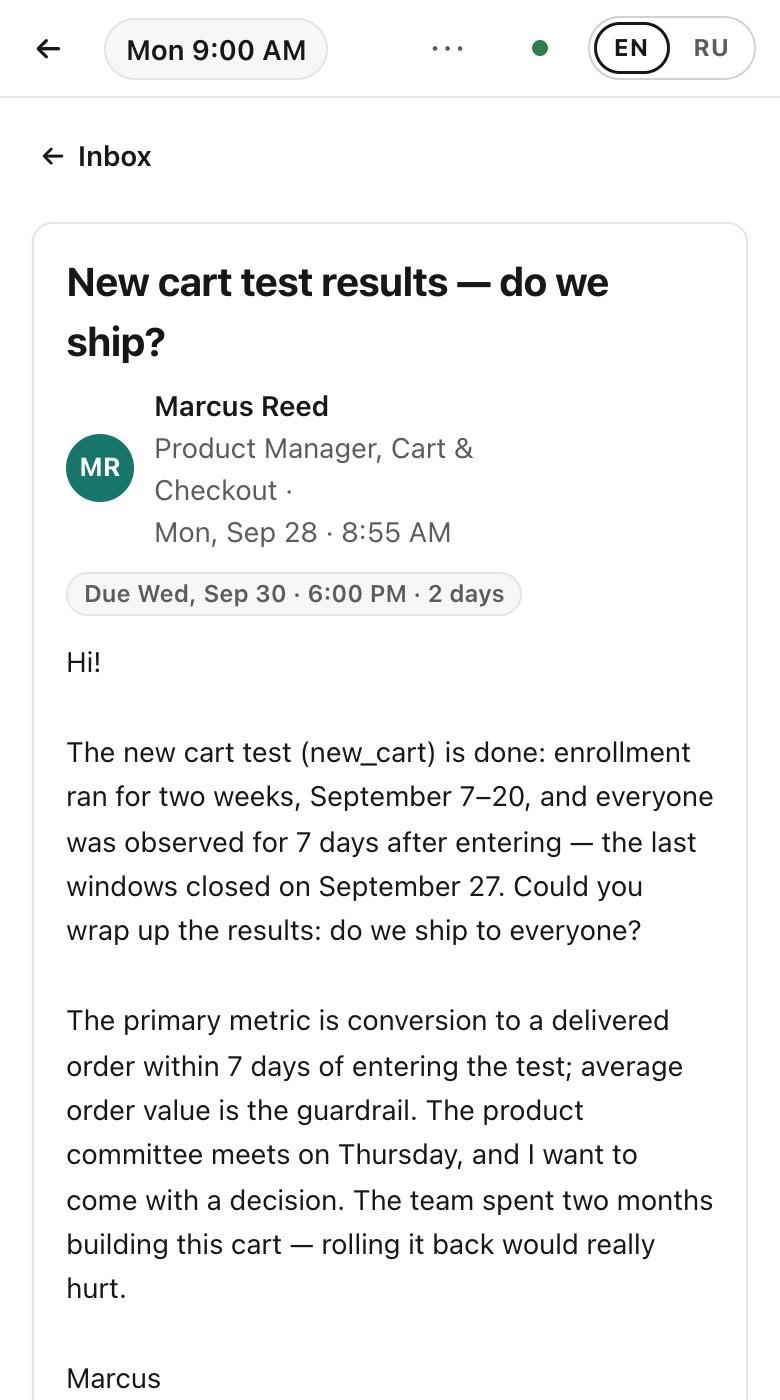 The same email on a phone: New cart test results — do we ship?