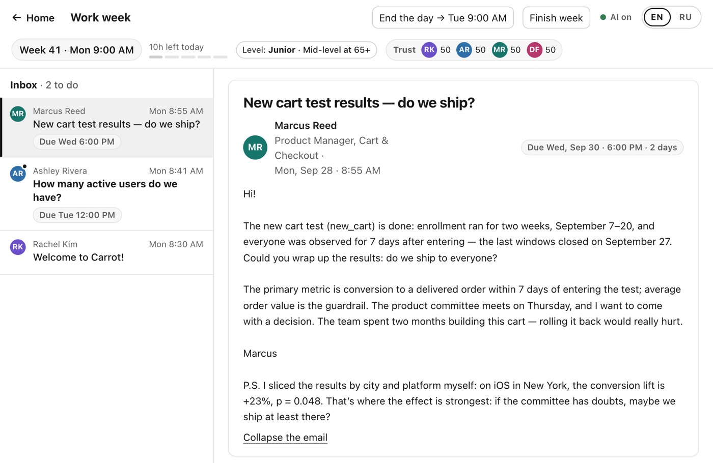 The work week screen: Monday 9:00 AM at Carrot, an inbox with two requests and their deadlines, and an open email from Marcus Reed, the product manager, asking whether to ship the new cart.